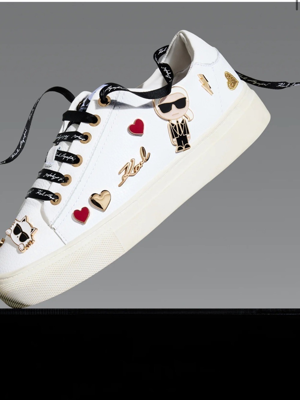 Karl Lagerfeld White Leather Sneaker with Black Laces and Gold & Red Charms